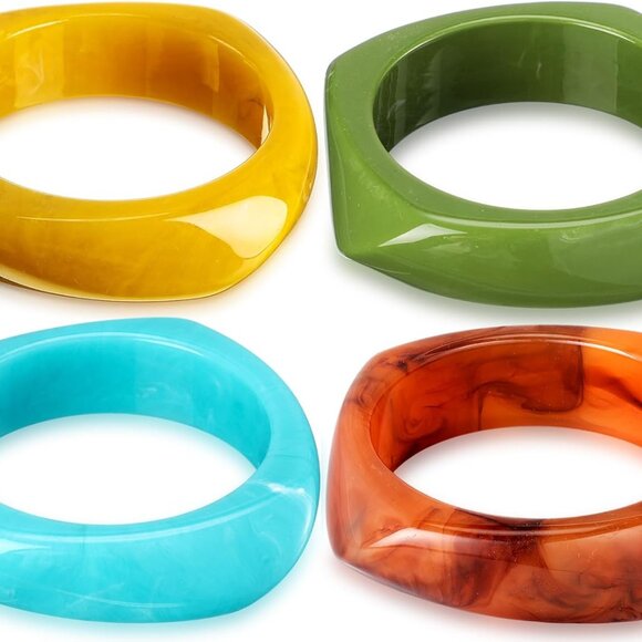 4 Pcs Colorful Acrylic Resin Square Bangle Bracelets Women Jewelry Gift - Picture 1 of 6